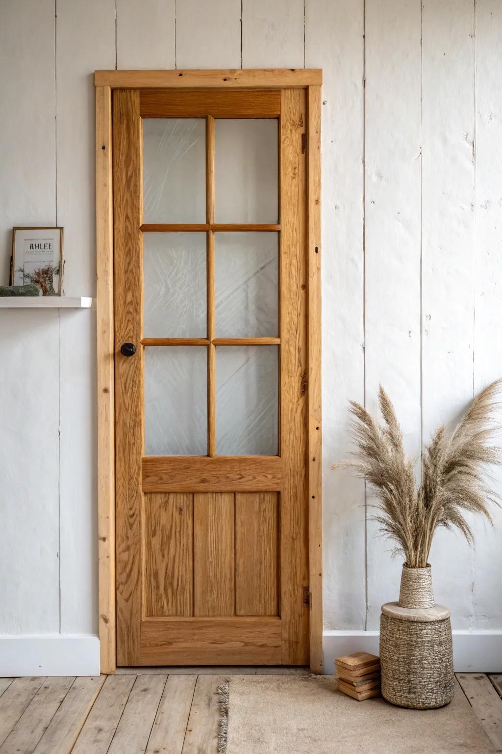 Old window sash pantry door with frosted panes—farmhouse charm, soft light, crafted wood.
