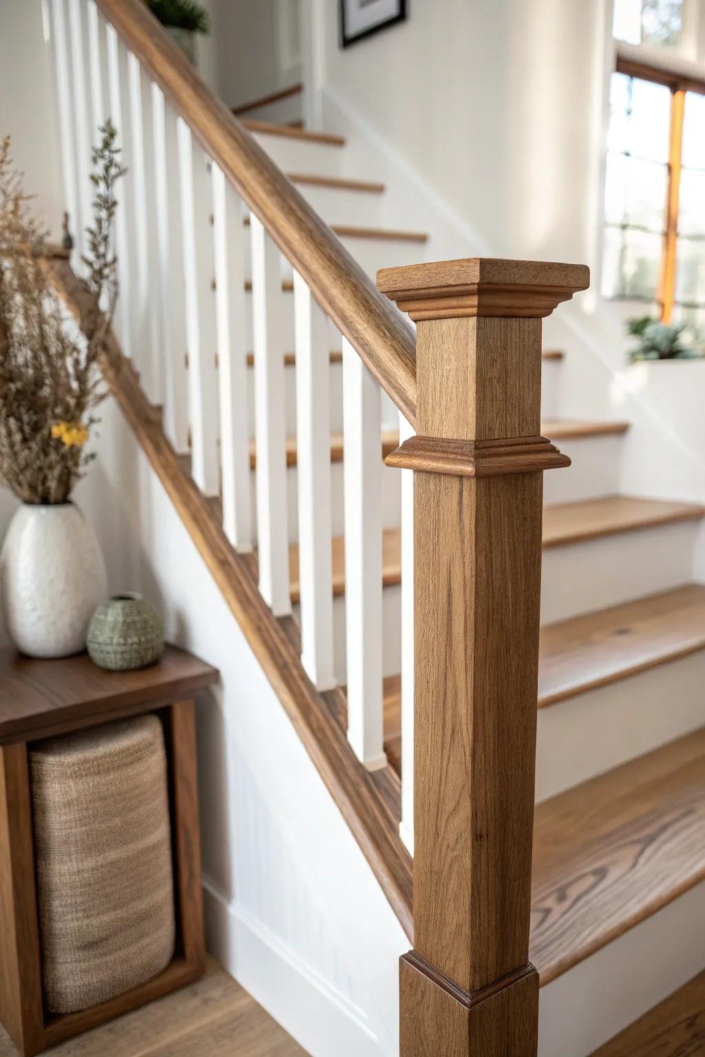 Light oak + rich walnut—mixed wood tones for a farmhouse railing that feels beautifully collected.