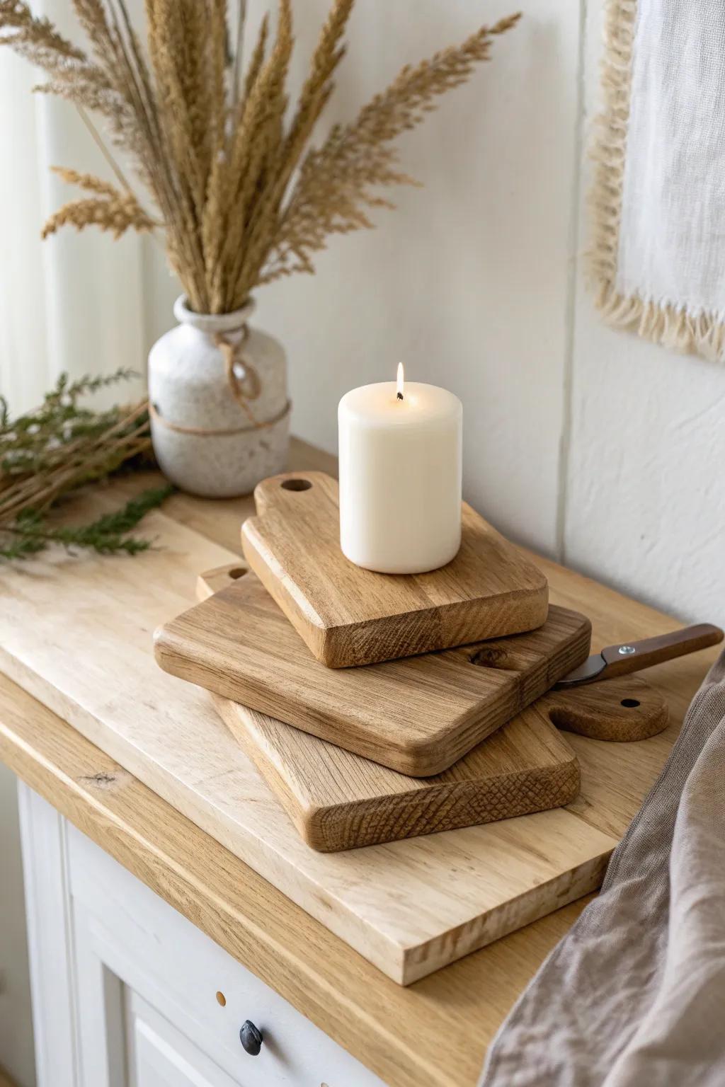 Mini cutting boards stacked as a rustic riser—easy height, warm farmhouse charm.