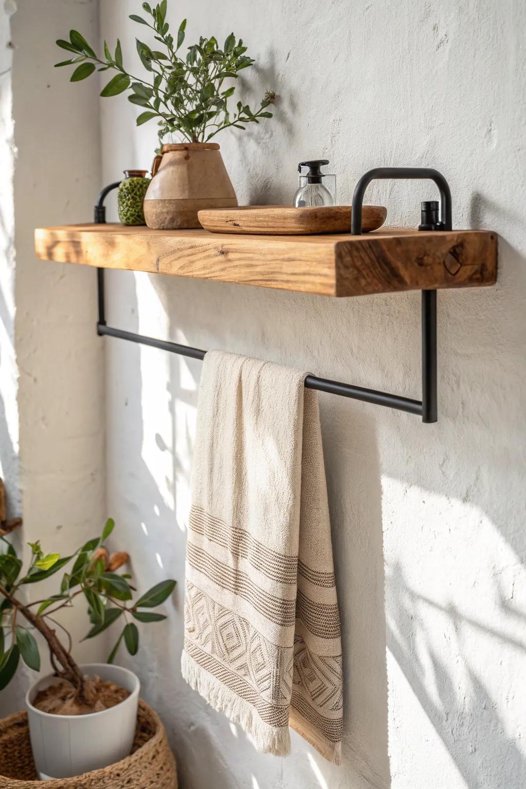 A sleek under-shelf rail makes a farmhouse shelf perfect for hanging linen towels in style.