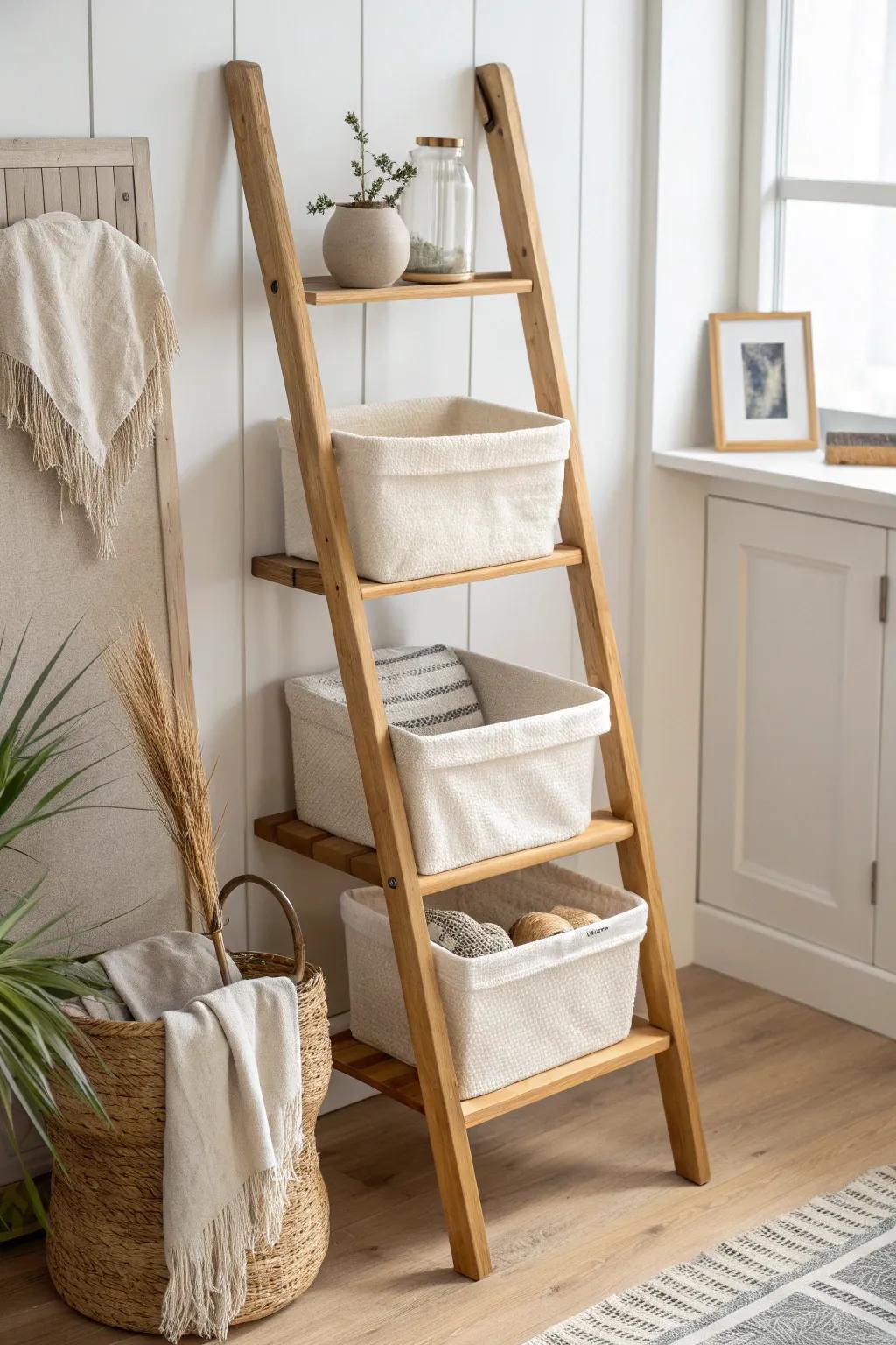 Farmhouse ladder shelf with linen bins—pretty vertical toy storage for small, cozy spaces.