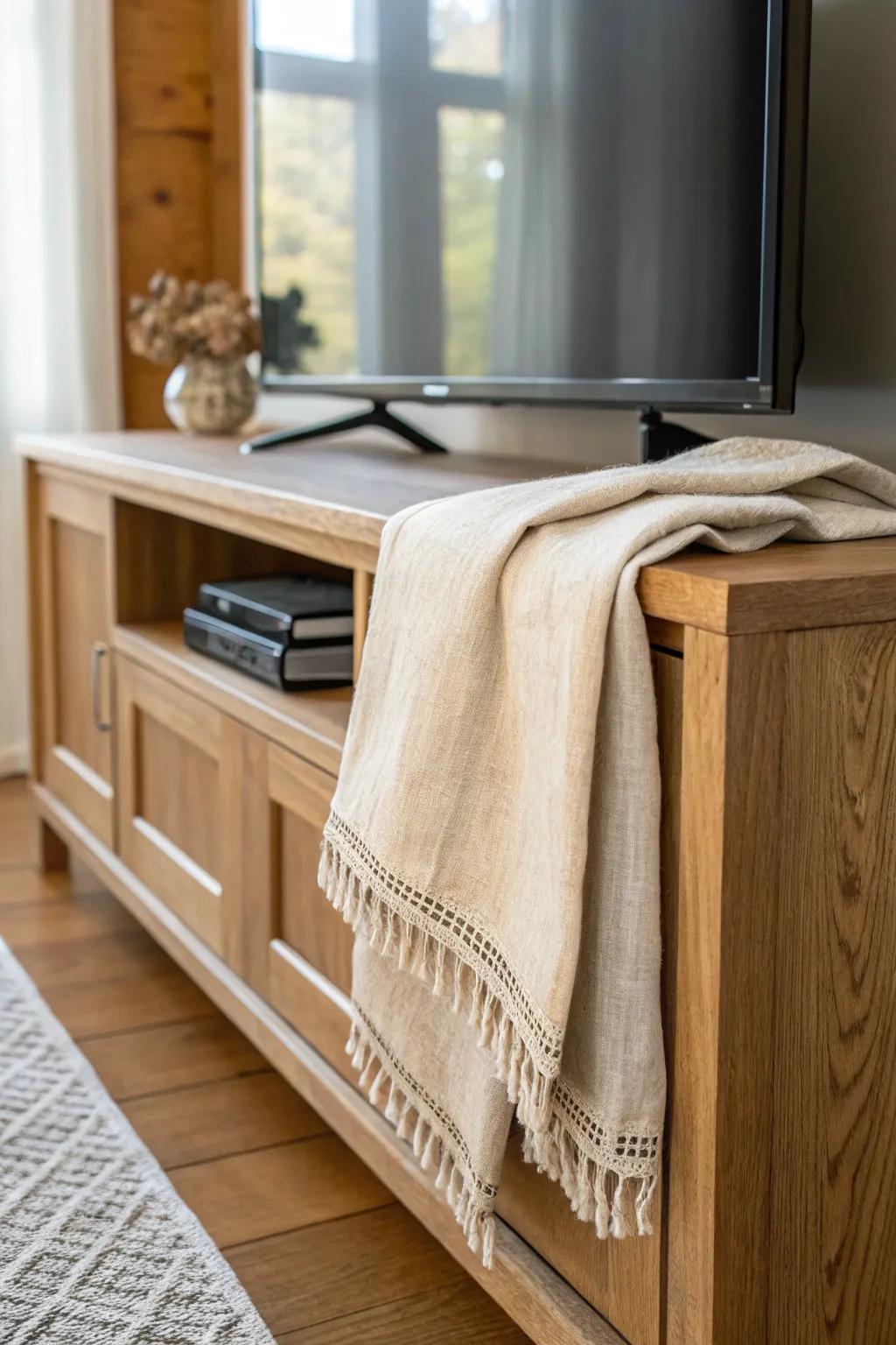 A simple linen runner softens your farmhouse TV stand and adds cozy, lived-in texture.