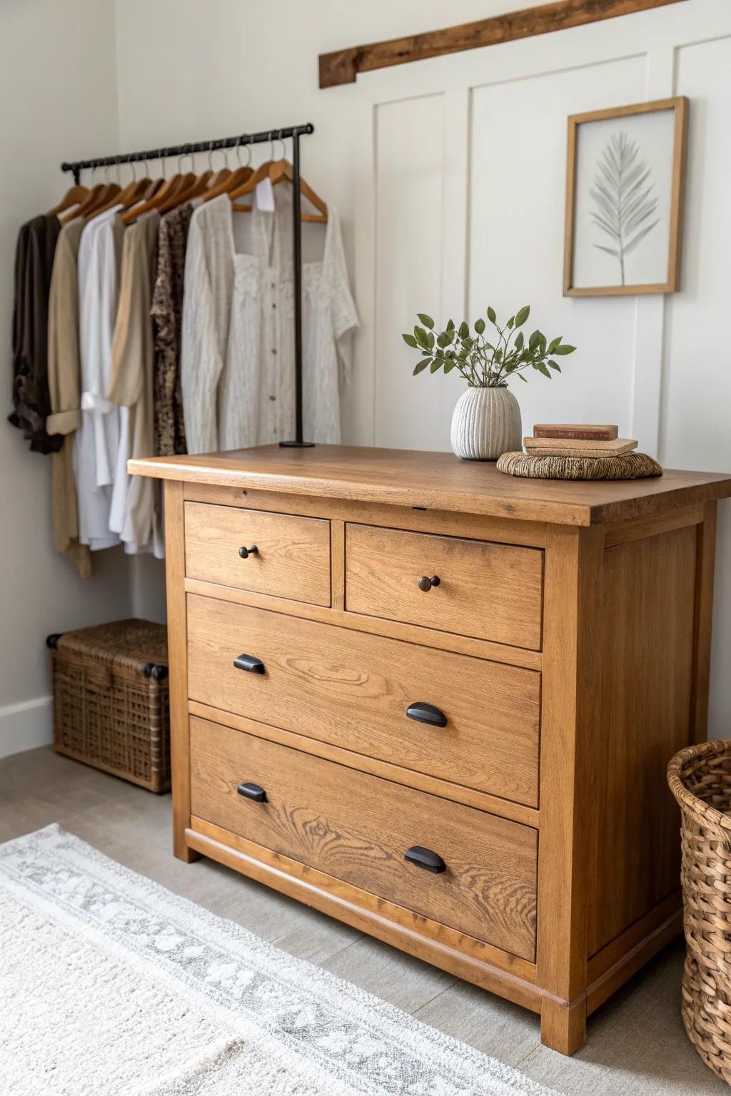 Thrifted antique dresser + live-edge top = a farmhouse closet island that looks built-in.