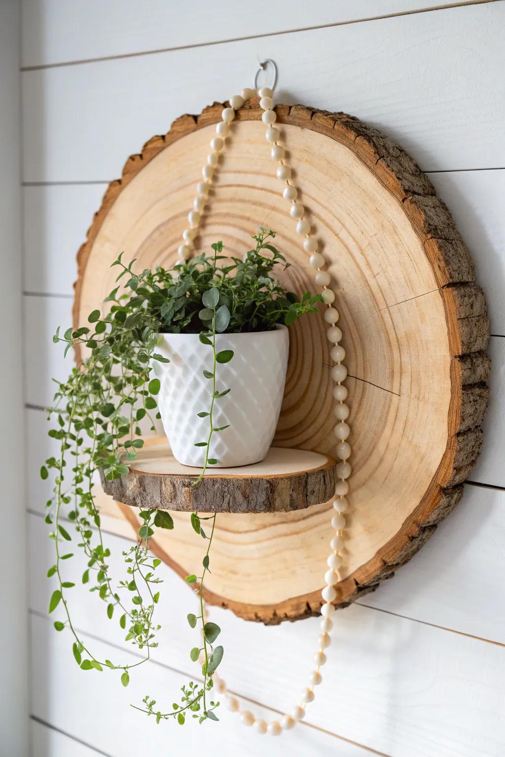 A sealed wood round shelf turns a trailing plant into simple, living farmhouse wall art.