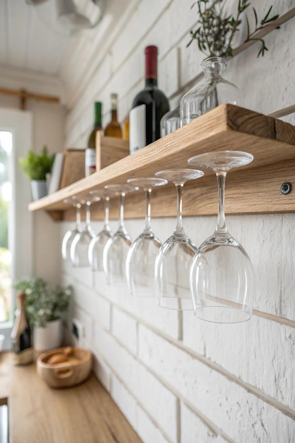 Built-in stemware rack under the shelf—airy farmhouse function with warm oak craftsmanship.