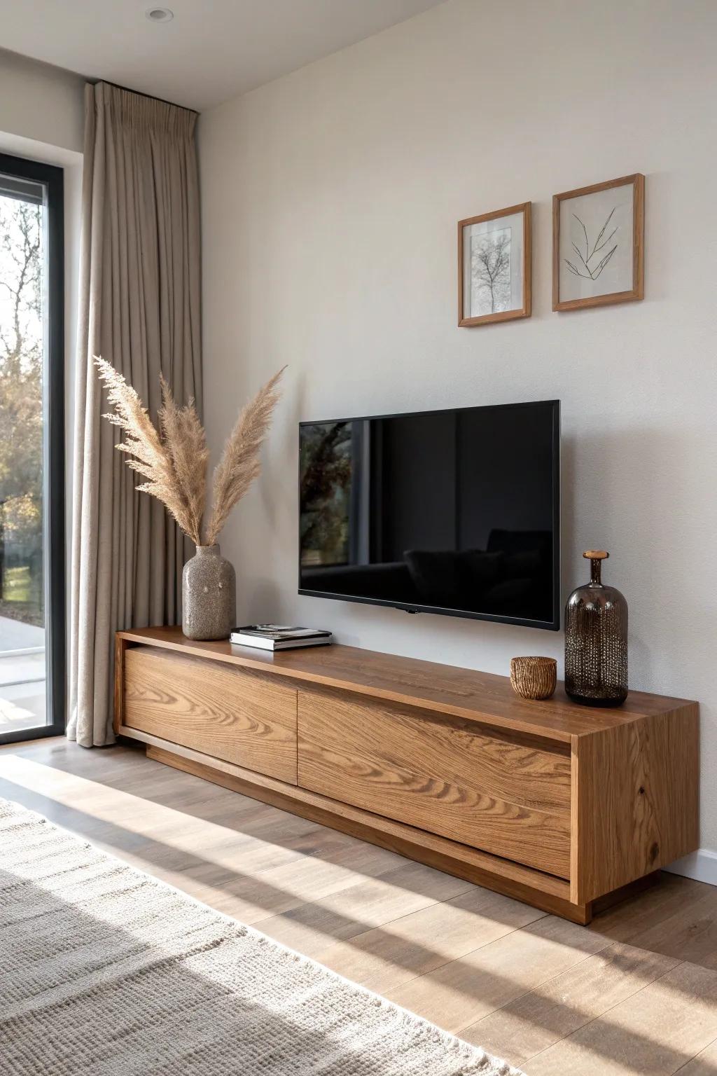 A calm TV feature wall: stained wood frame, hidden cords, and a slim ledge for decor.