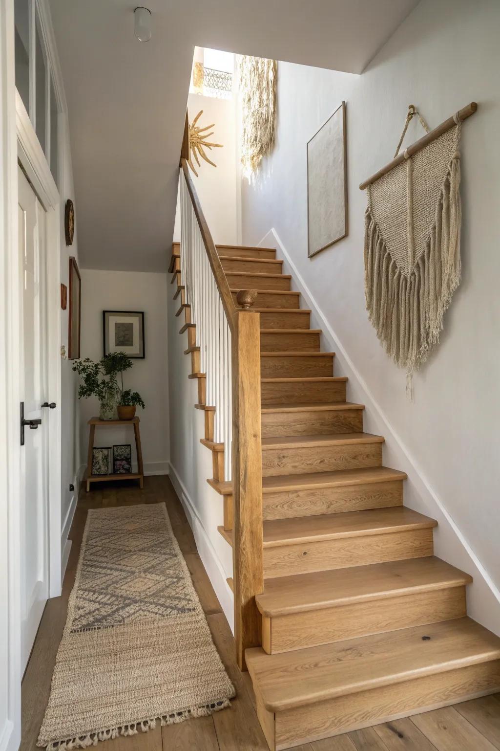 A moody accent wall on the stair landing turns your staircase into a warm, crafted destination.