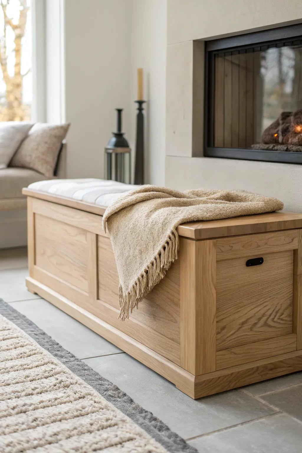 Built-in bench beside the bump-out fireplace—cozy seating with hidden lift-top storage.