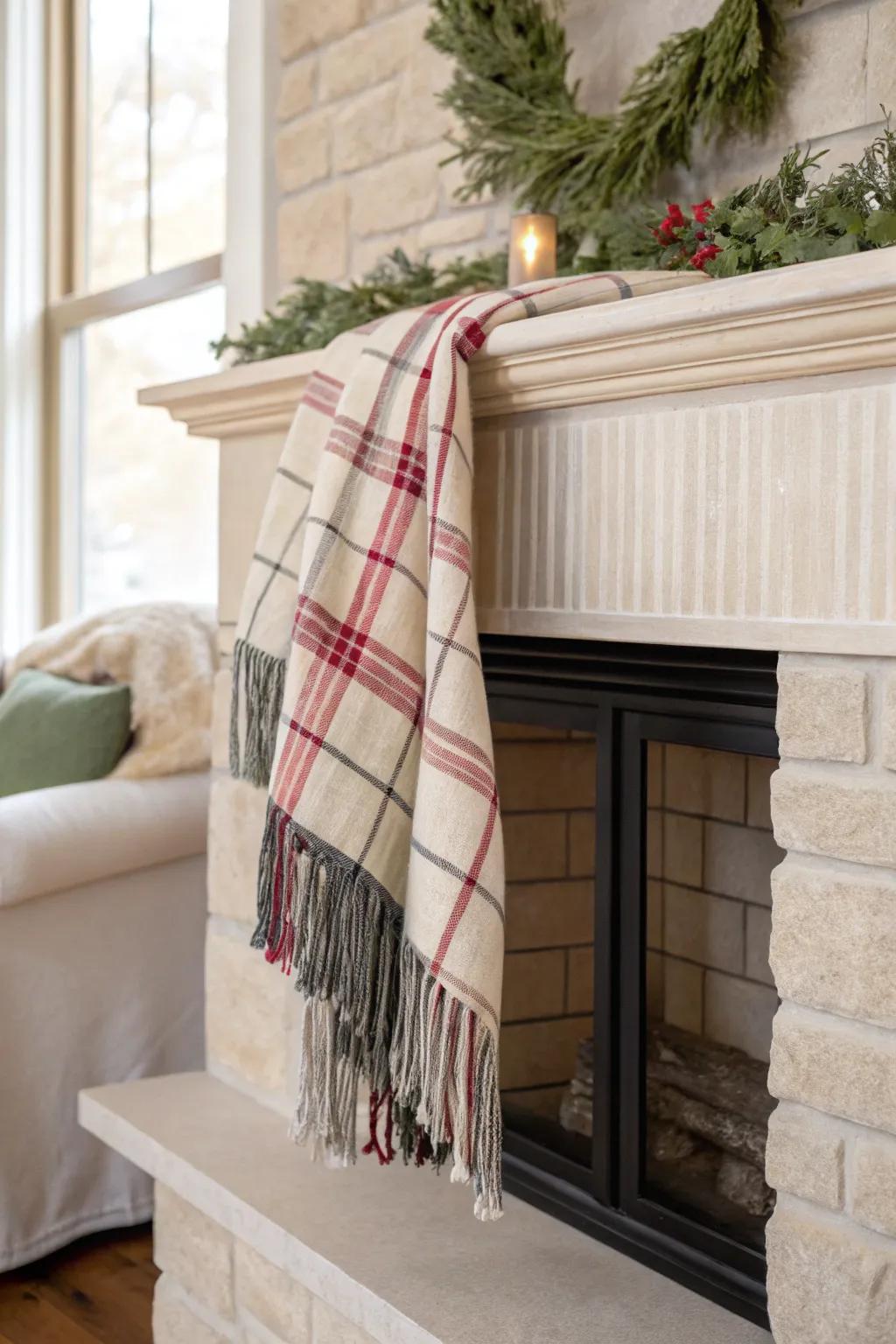 Drape a plaid mantel scarf and top with simple garland for instant, snug holiday charm.