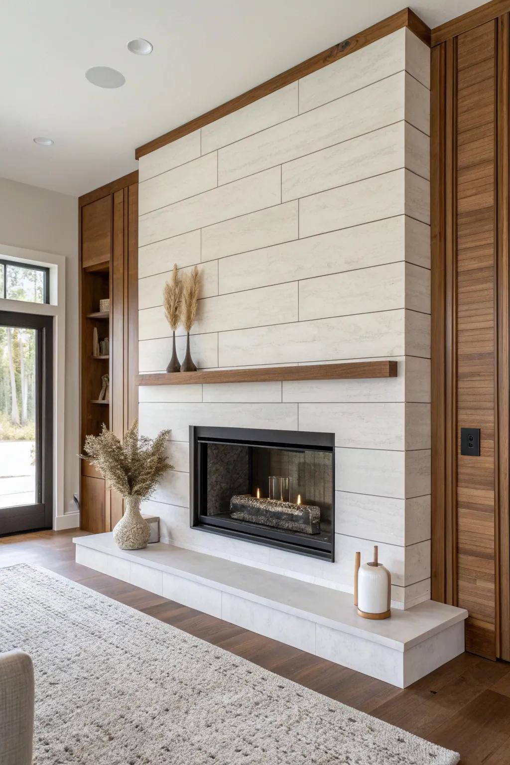 Stone + walnut inlay bands: a minimalist fireplace facade with warm, custom architectural detail.