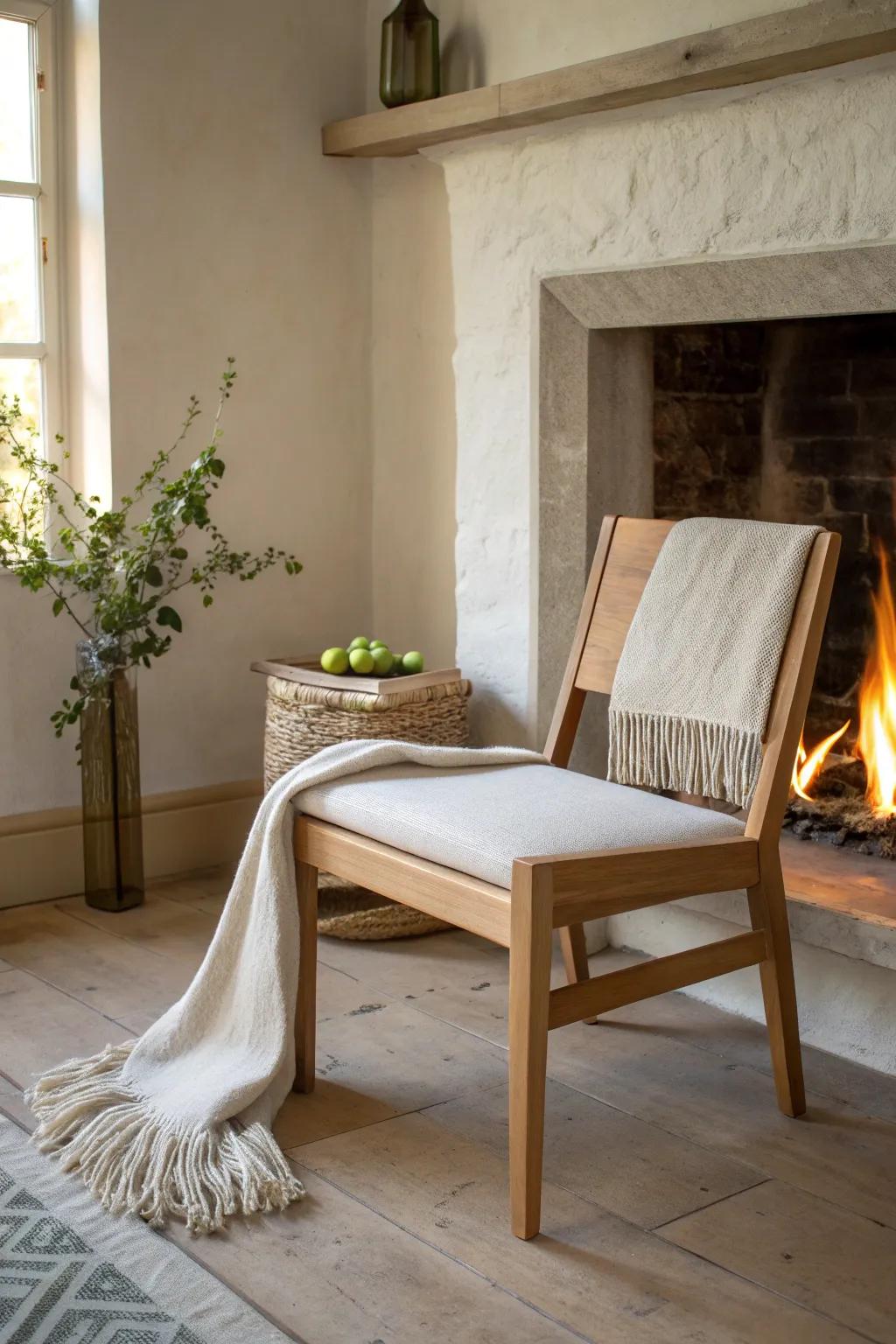 A sculptural corner chair by the hearth—Scandi calm with warm wood grain and soft firelight.