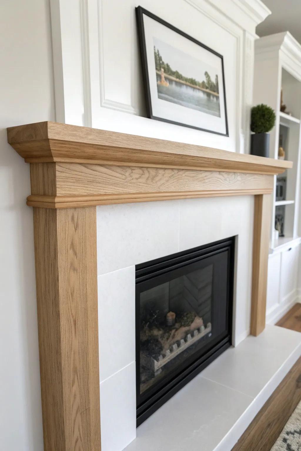 Slim oak picture-ledge mantel: clean Scandinavian lines and an easy spot to swap art anytime.
