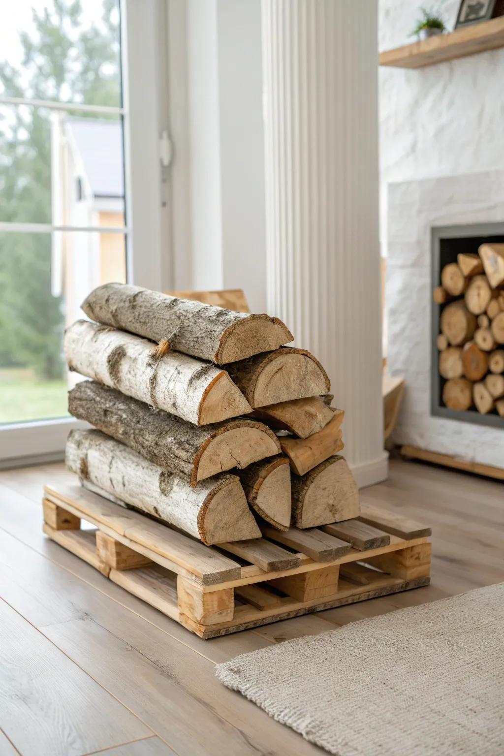 Simple pallet base keeps indoor firewood tidy—smooth sanded wood, cozy and floor-safe.