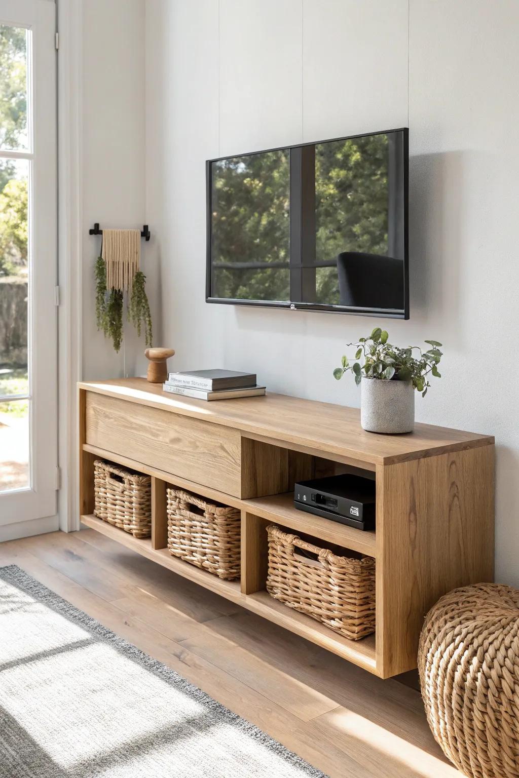 A floating oak console with a tidy “parking space” below for a woven storage basket.
