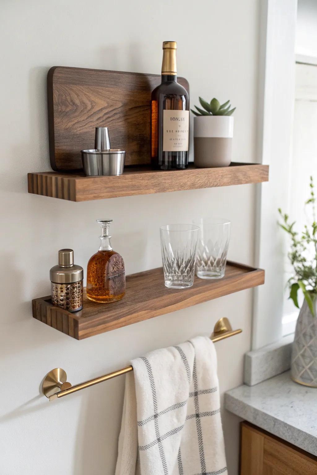 Stained wood backer board + floating shelves create a bold, tidy bar wall with handy hooks.