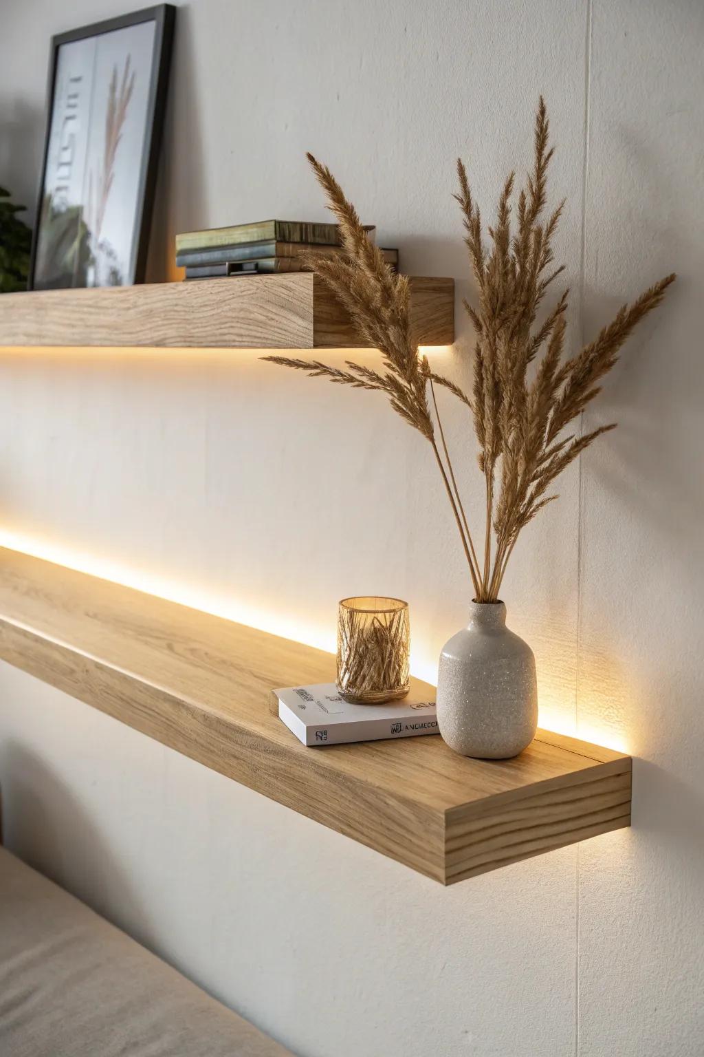 Warm under-shelf LED glow turns a floating shelf into cozy, focused office lighting.
