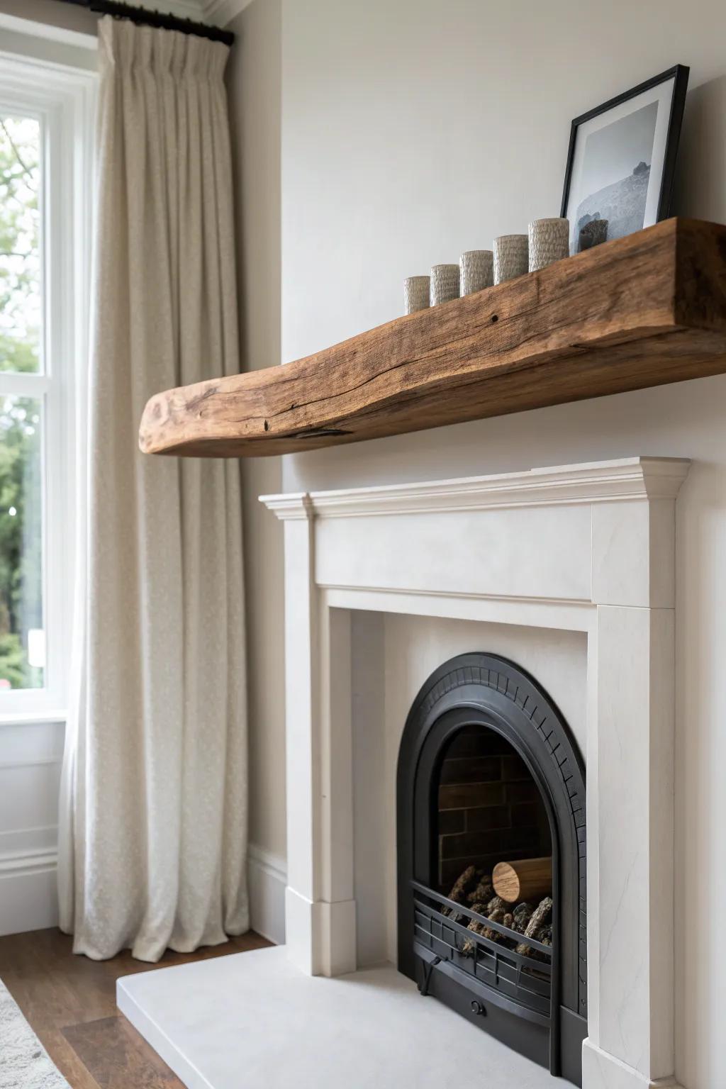 Raw live-edge grain glowing in firelight—an airy floating shelf that softens the hearth.