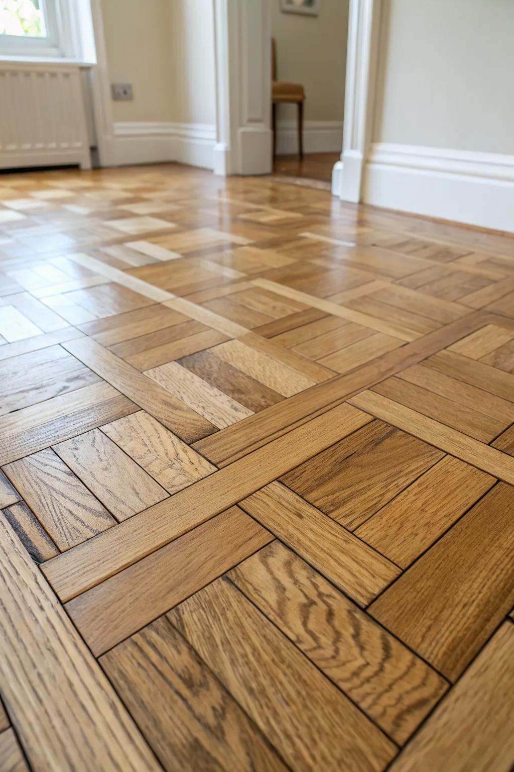 Restored parquet blocks and a modern matte finish—instant designer entryway glow today.