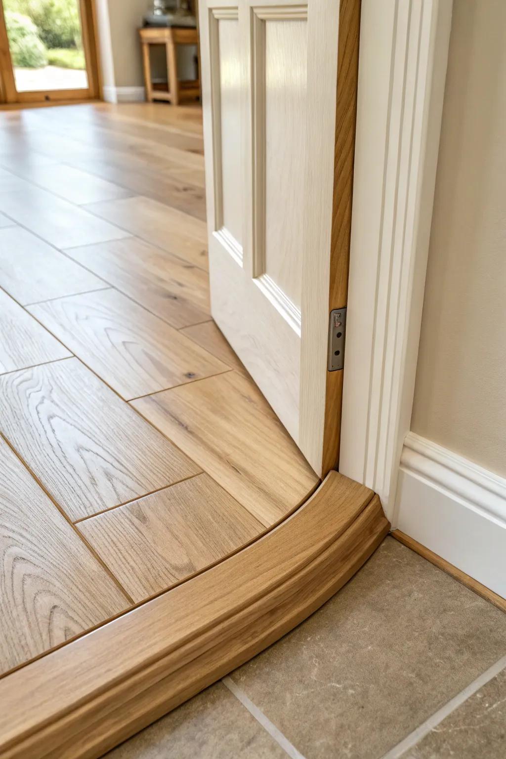 A curved oak threshold creates a soft, high-end transition between wood and tile.