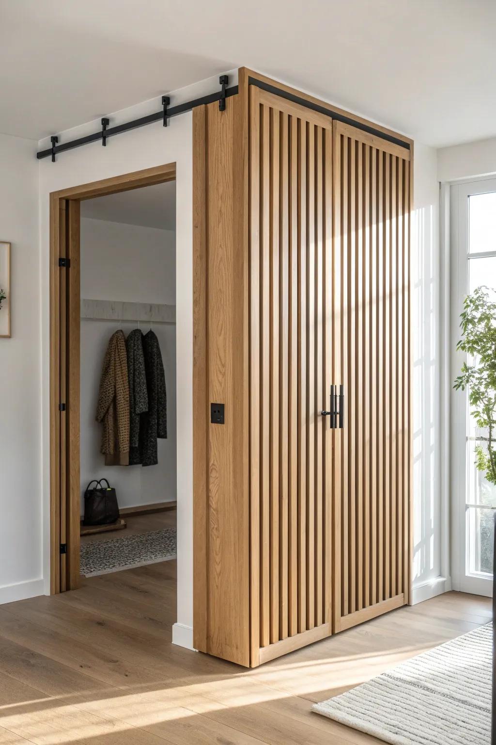 A floor-to-ceiling slat divider with hooks creates a tidy, intentional entryway moment.
