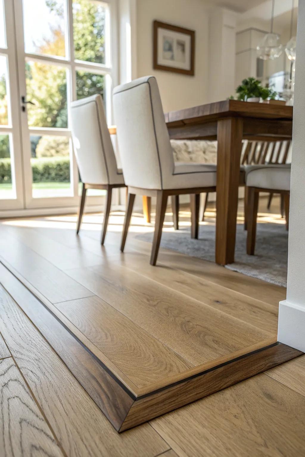 A contrasting wood border inlay frames the dining zone—simple, grounded, and beautifully crafted.