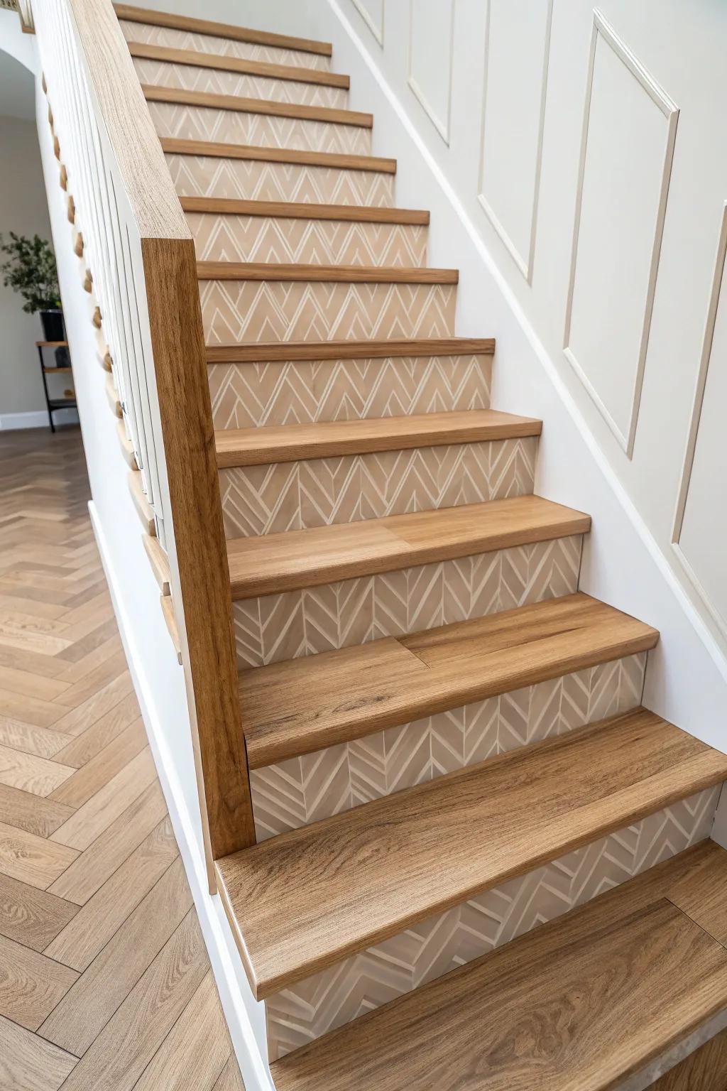 Subtle chevron stair treads add custom character—keep the landing calm in the same wood tone.