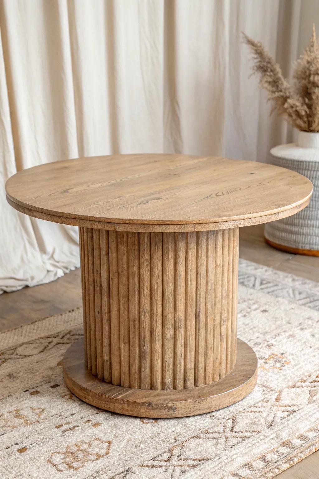 Reclaimed wood fluting adds cozy texture—every saw mark and dent becomes rustic table charm.