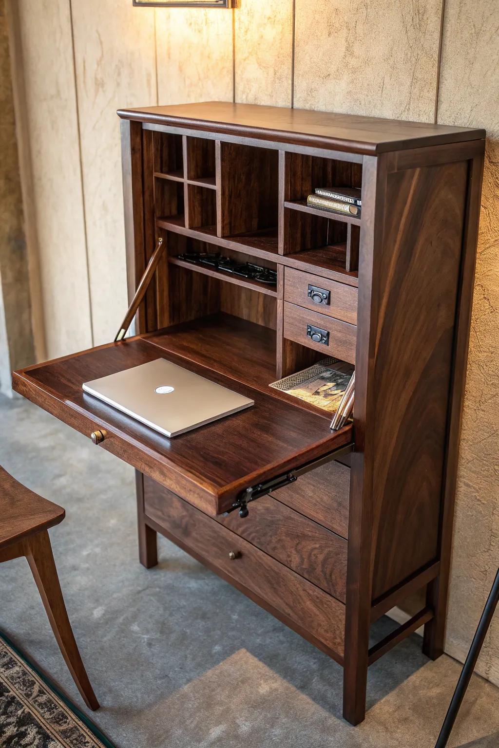 Maximize your space with a touch of elegance: Discover the art of compact living with this exquisite fold down desk.