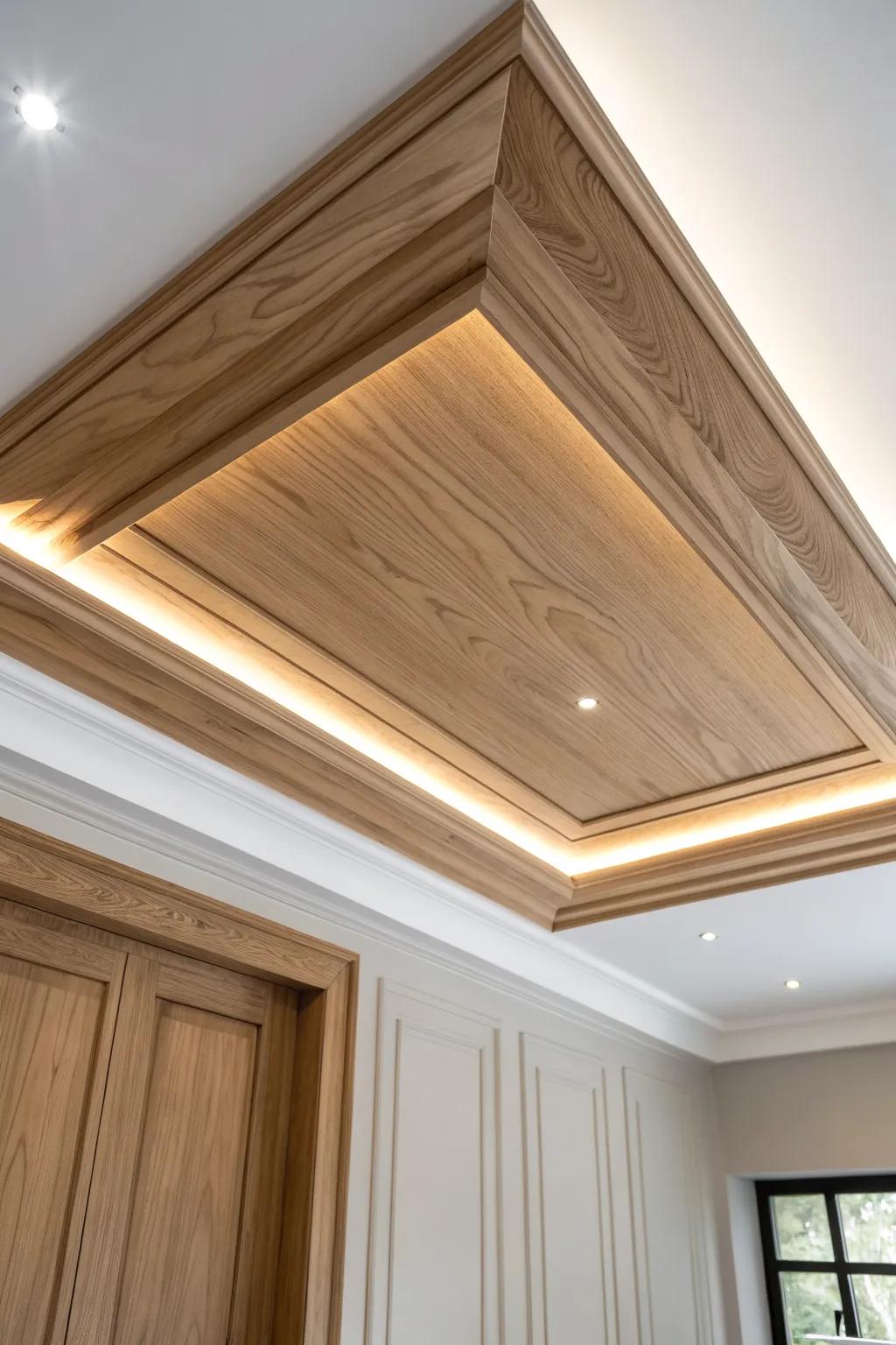 Warm cove lighting in a wooden tray ceiling creates a calm, upscale foyer glow at night.