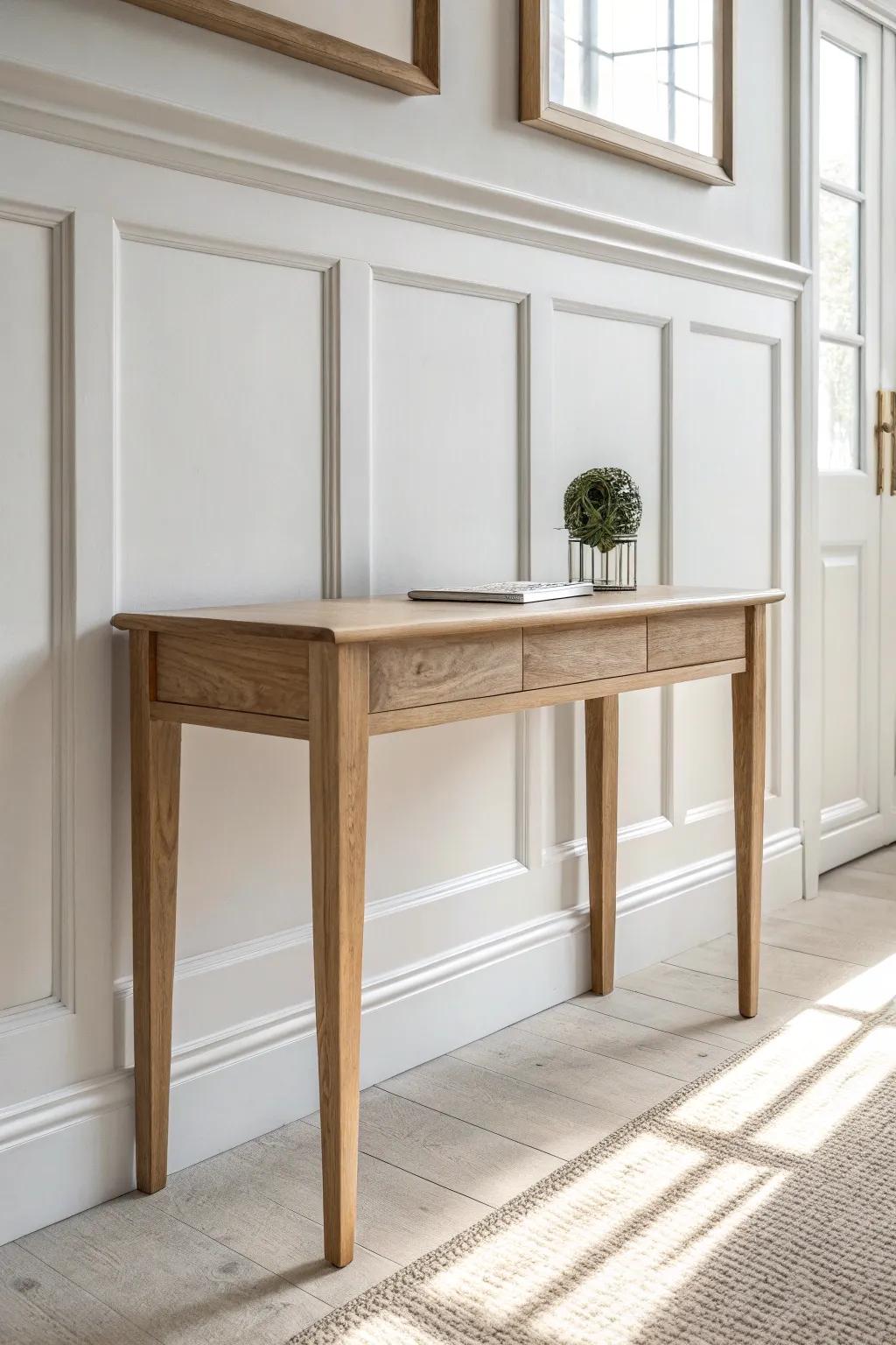 A slim oak console pops against framed panel molding—instant foyer polish, no clutter needed.