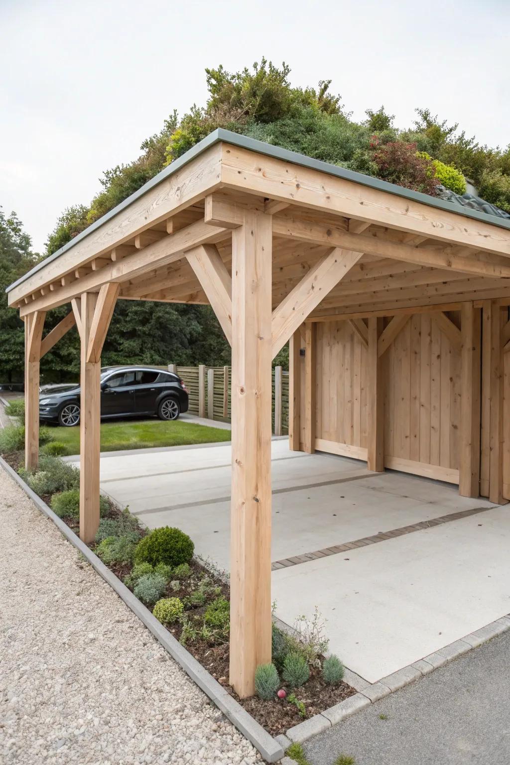 Minimalist timber carport with a lush living roof—natural shade, insulation, and wow-factor.