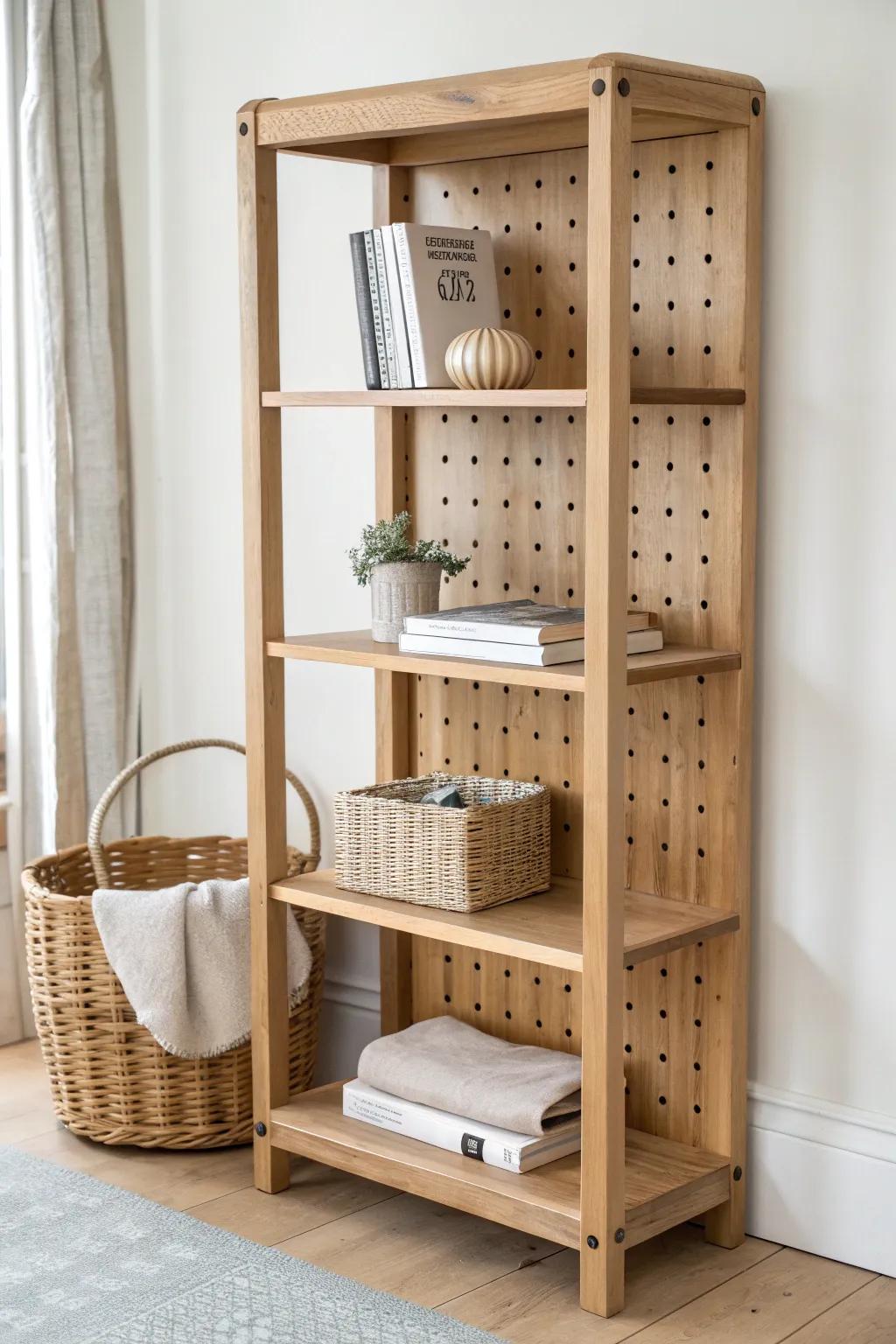 Adjustable peg-hole shelves: effortless flexibility with clean oak lines and warm, natural texture.