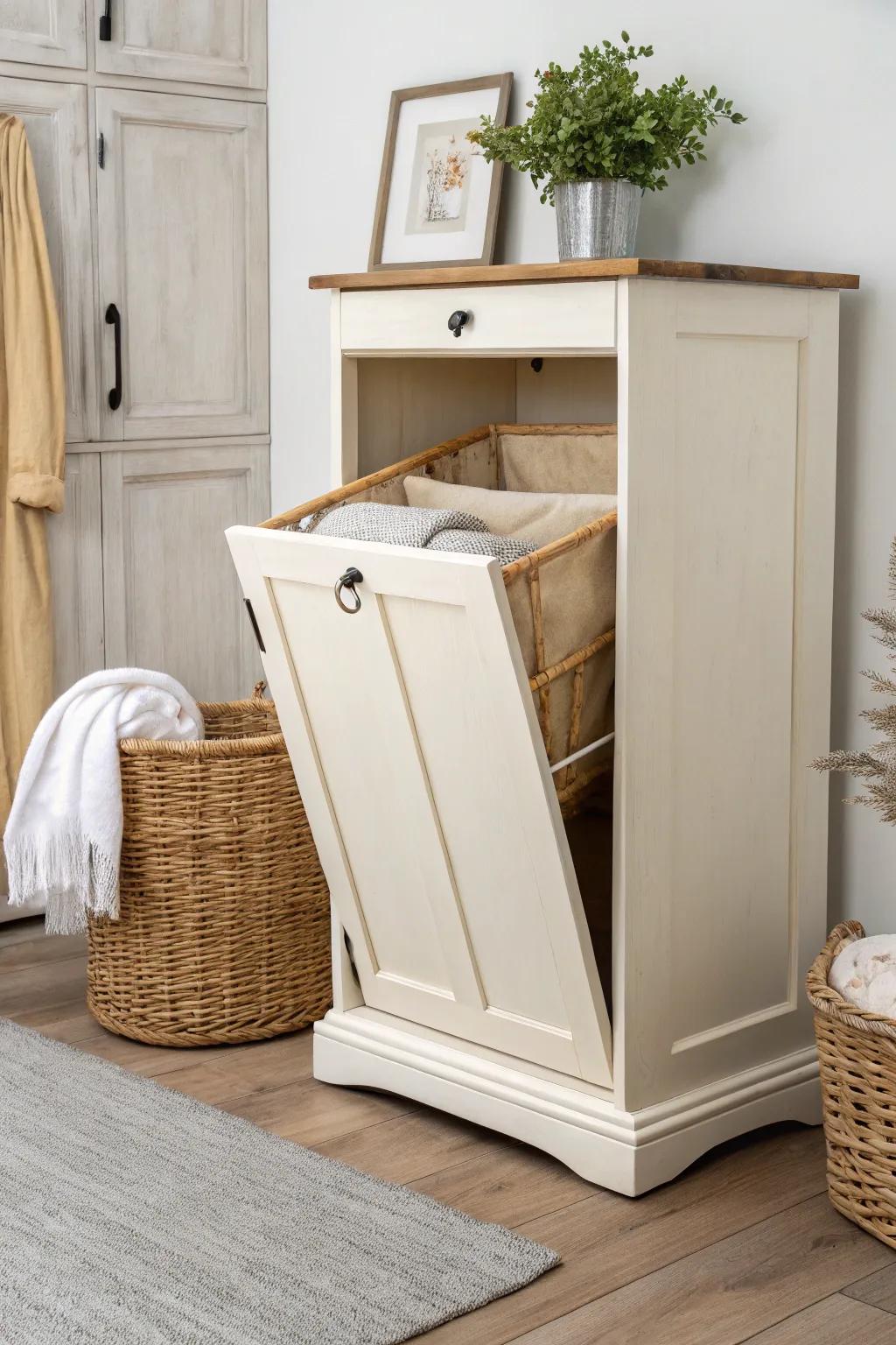 A hidden pull-out hamper keeps laundry out of sight—French country charm in painted wood.