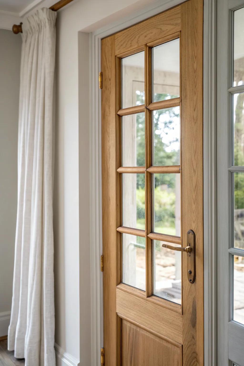 Painted frame, stained muntins—French doors with warm wood grain and a custom millwork feel.