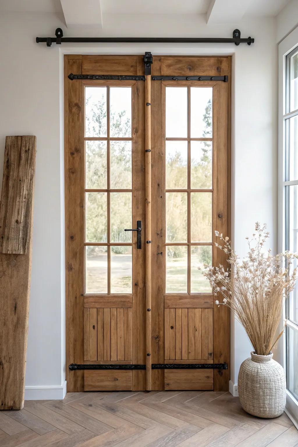 Slim reclaimed-wood shutters for French doors—minimal hardware, big character, warm contrast.
