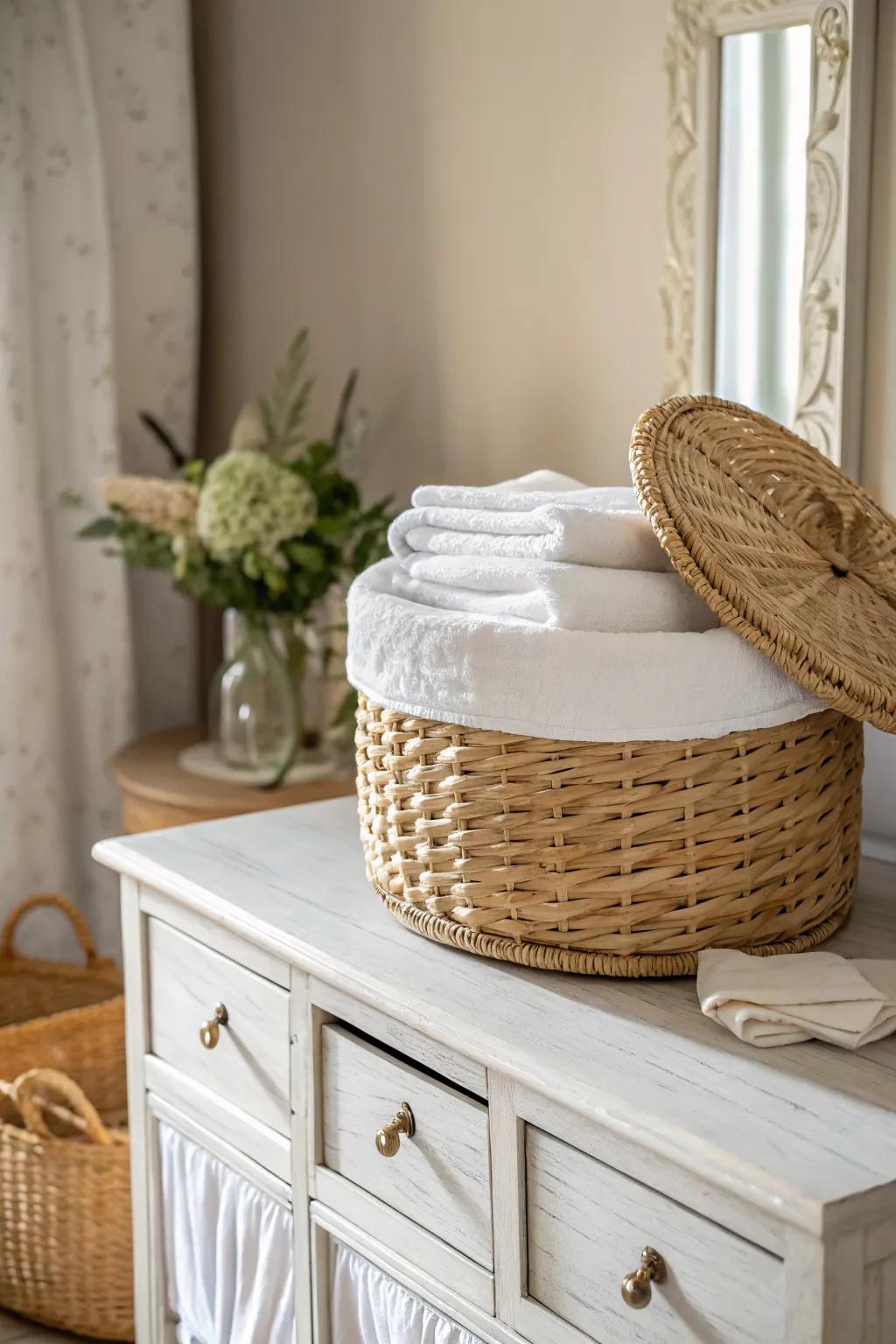 Wicker basket storage adds warm texture to a pale French provincial bedroom—pretty and practical.