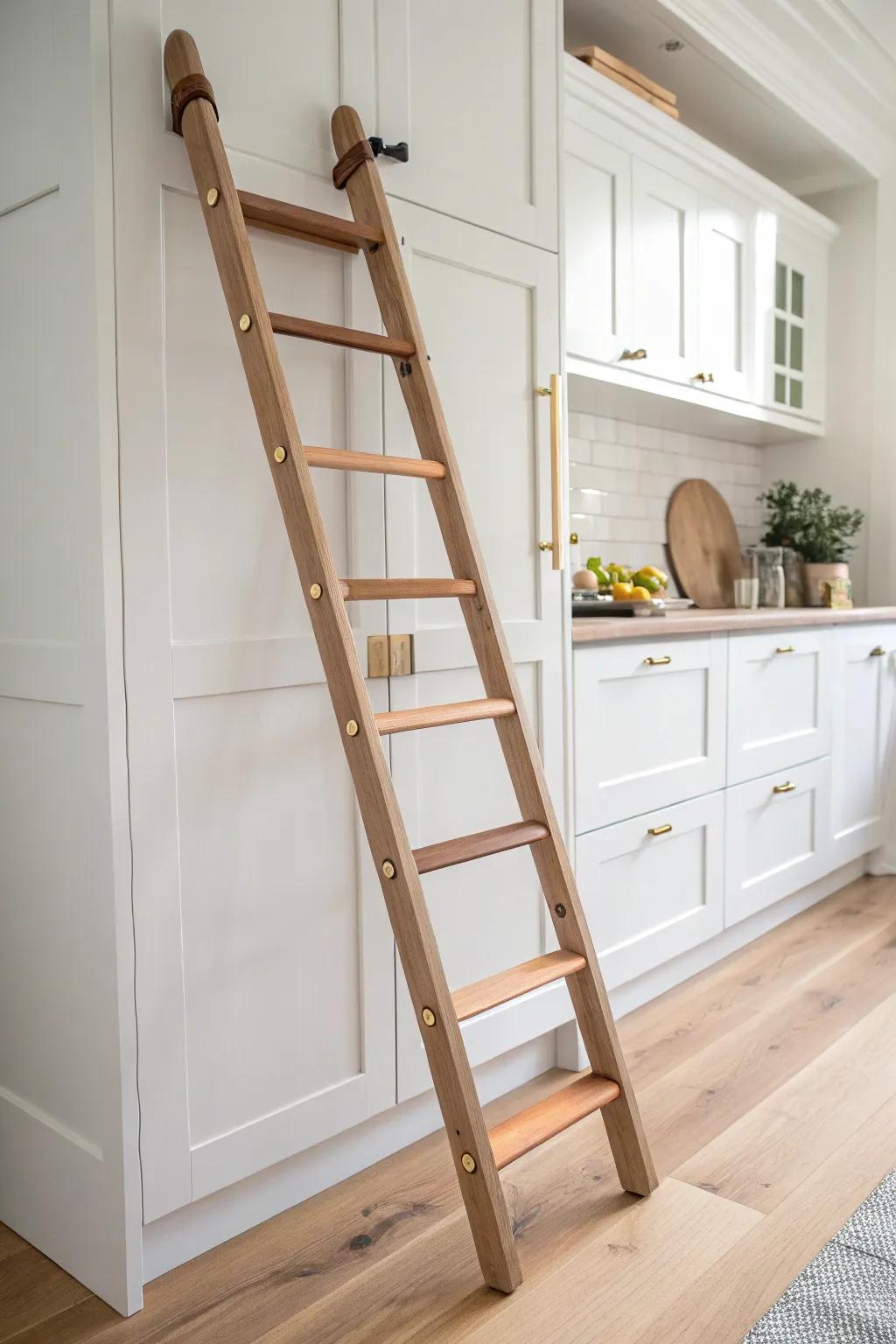 A simple rolling ladder turns your highest full-wall cabinets into truly usable storage.