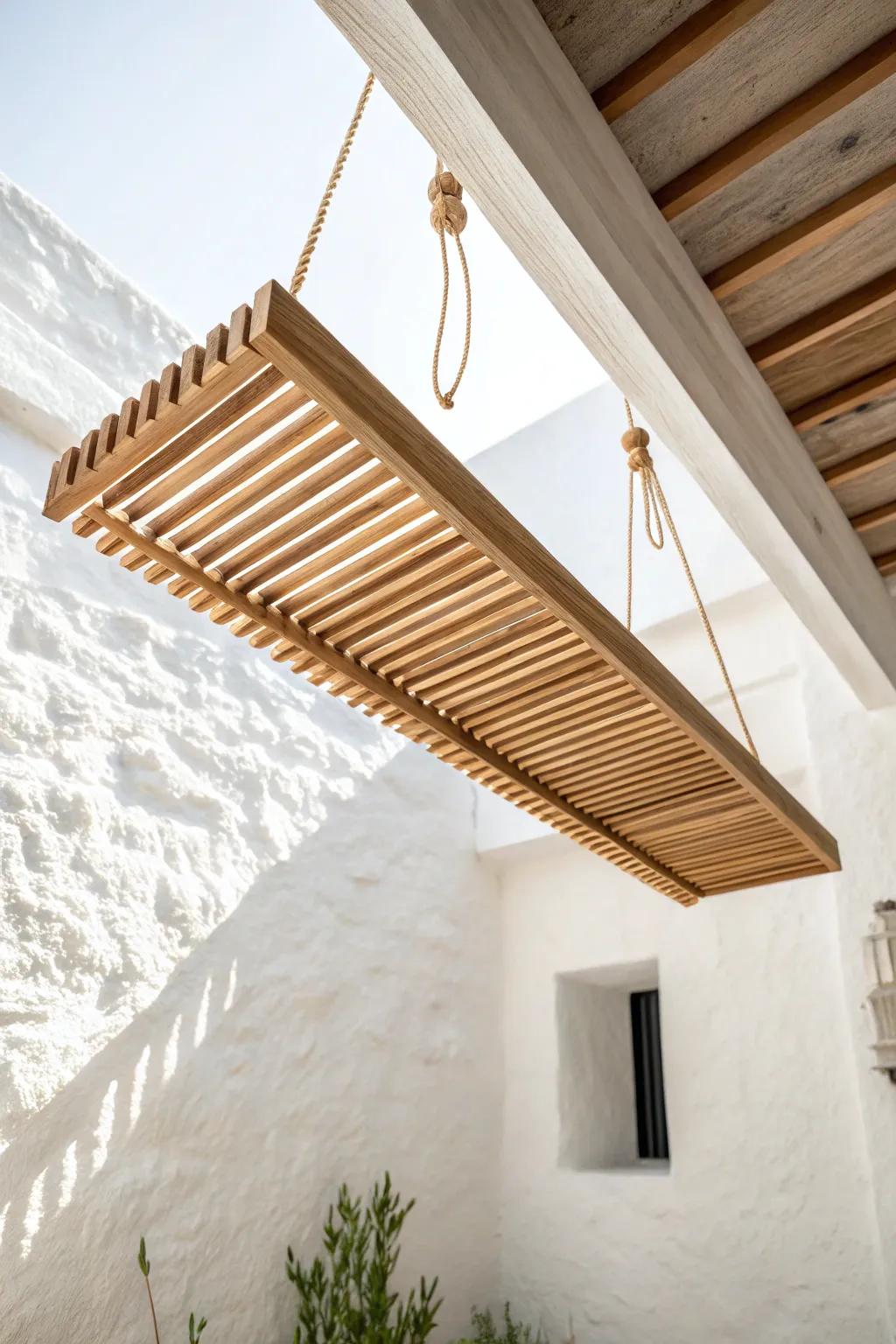 Suspend a warm oak slat canopy to “roof” the display and pull every eye to the scene below.