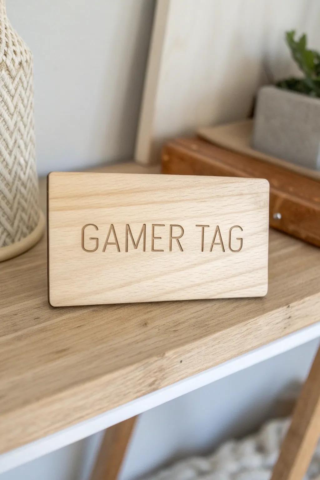 A simple wood-burned gamer tag sign—custom, warm, and perfectly calm for your desk shelf.