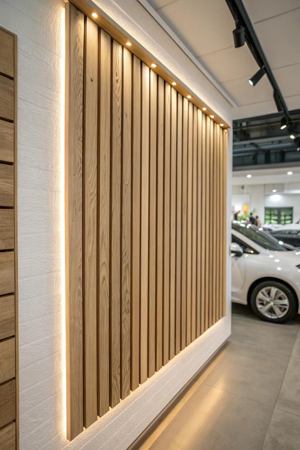 Backlit wood slats add a luxe showroom glow—simple, warm, and instantly custom.
