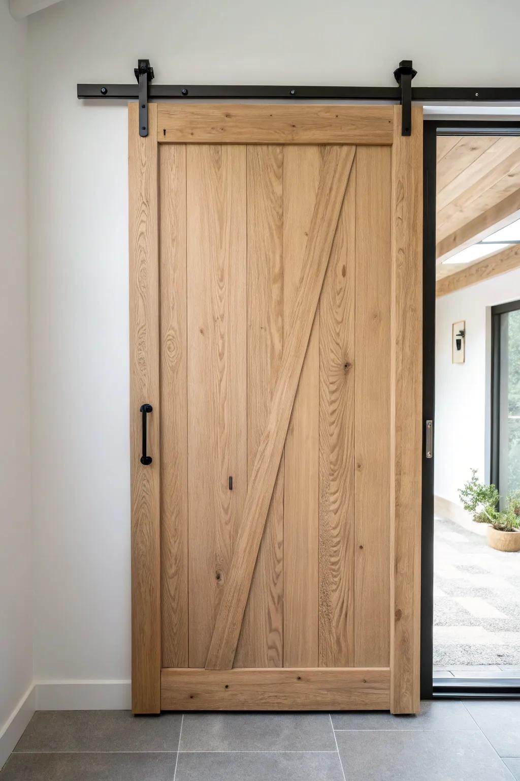 A seamless hidden man door inside a garage barn door—minimal, warm oak, and ultra practical.