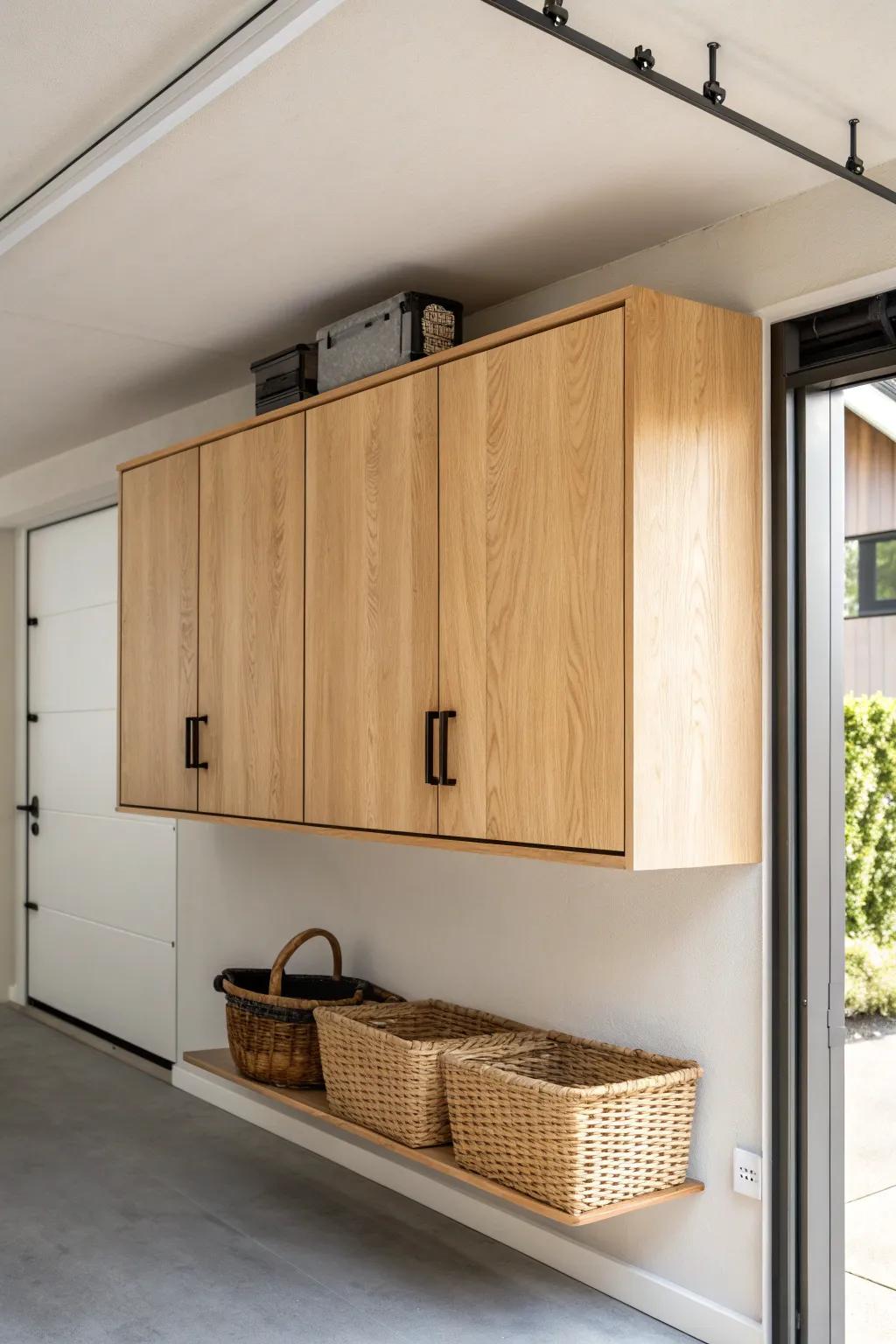 Overhead oak cabinets above the garage door—clean, sturdy storage for seasonal bins.