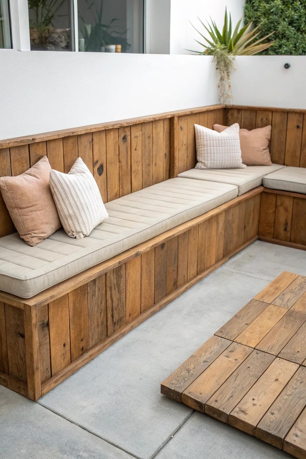 Reclaimed-wood U-bench with lift-up storage—an inviting conversation pit for a garage rec room.