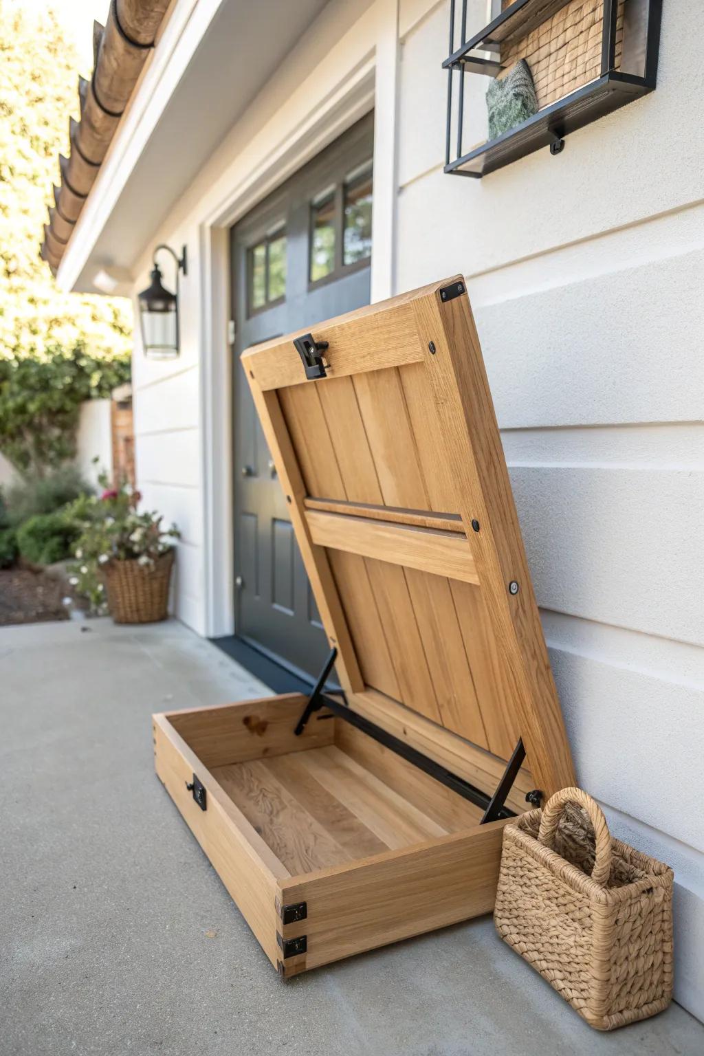 Fold-down oak wall seat with sturdy hinges and a cleat lock—perfect for tight garages.