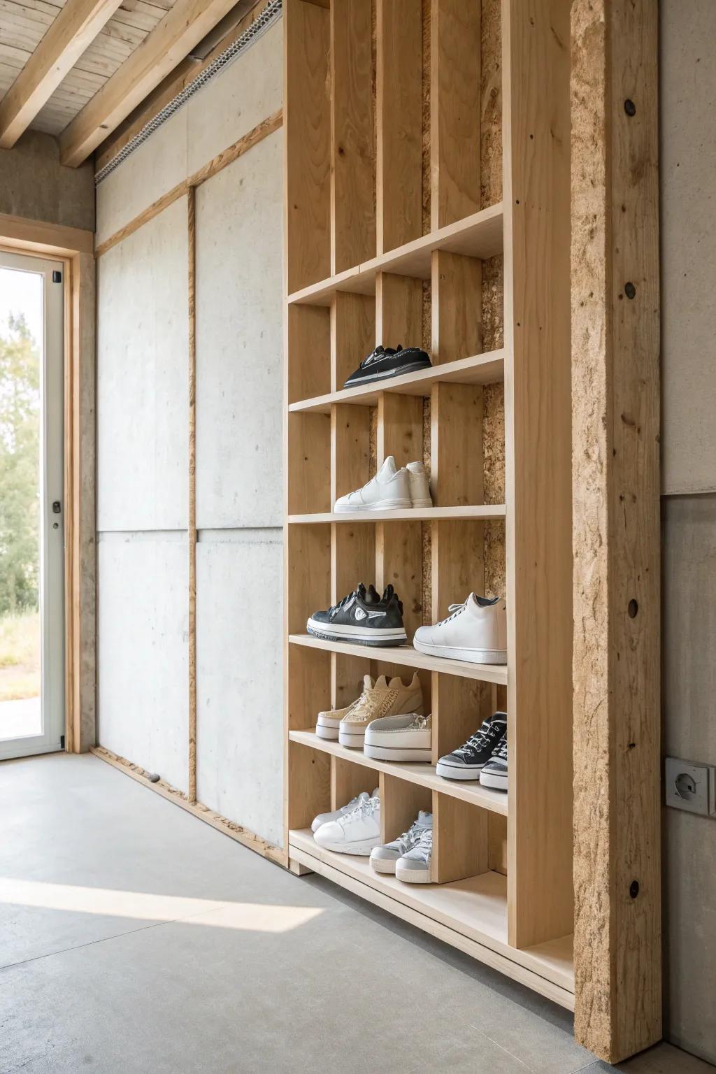 Slim stud-bay shoe shelves—built between exposed studs for clean, space-saving garage storage.