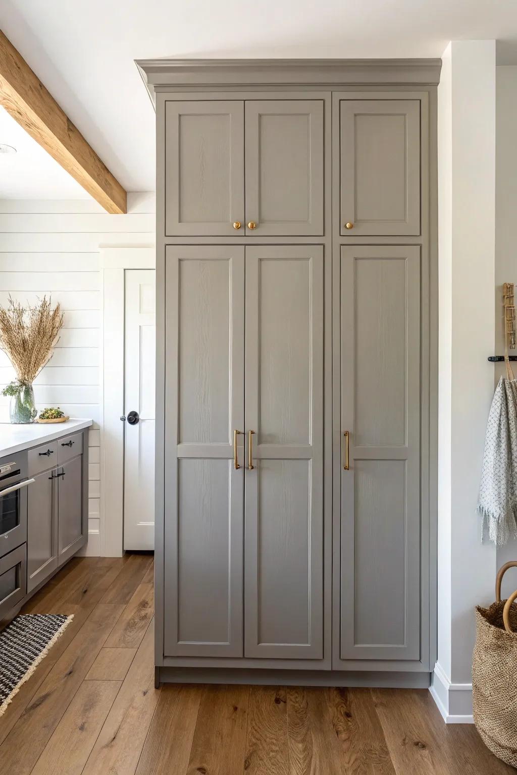 Floor-to-ceiling gray cabinets with simple crown molding—built-in luxe and extra storage.