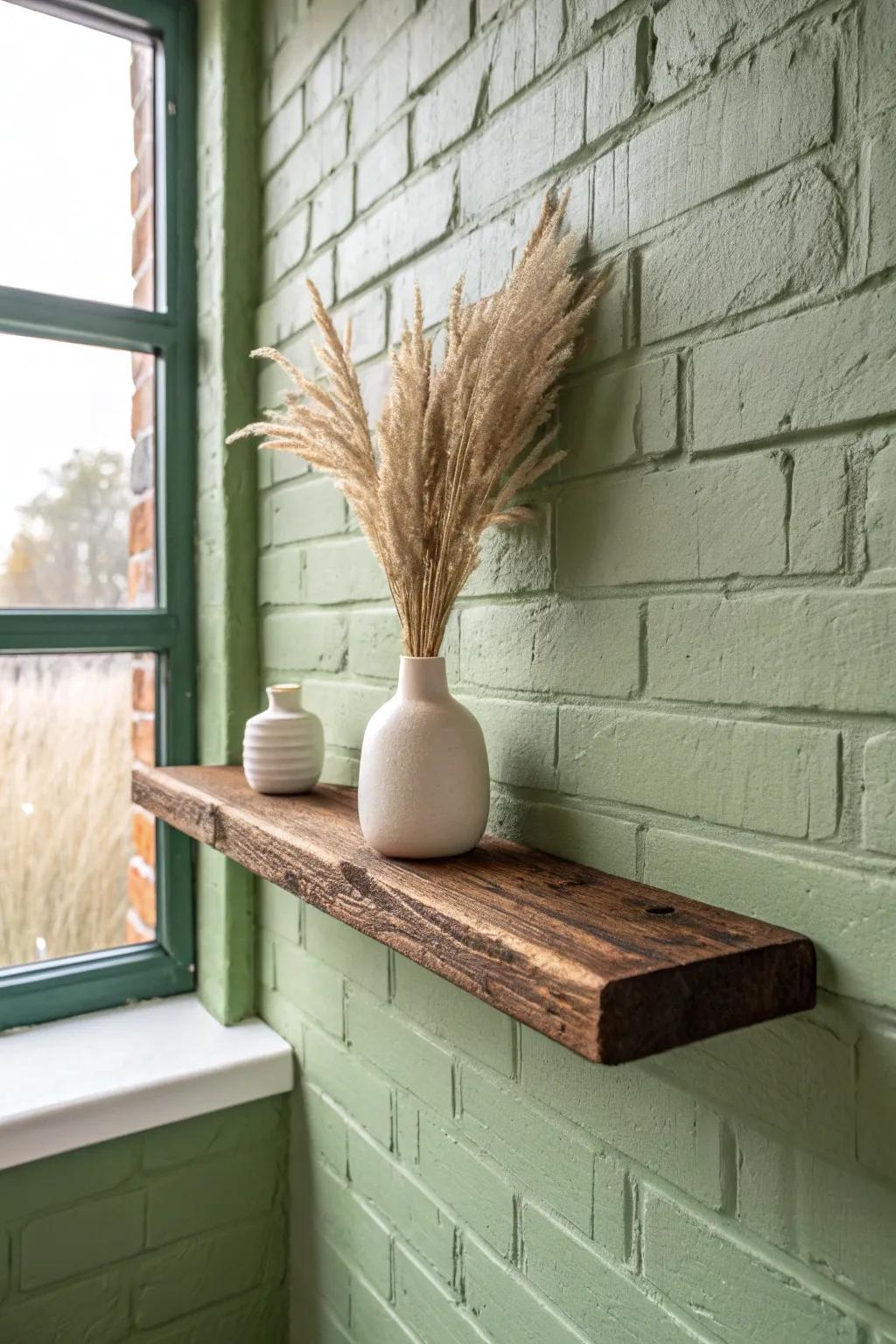 Green limewashed brick meets rough-sawn wood—an earthy, vintage kitchen moment with calm contrast.
