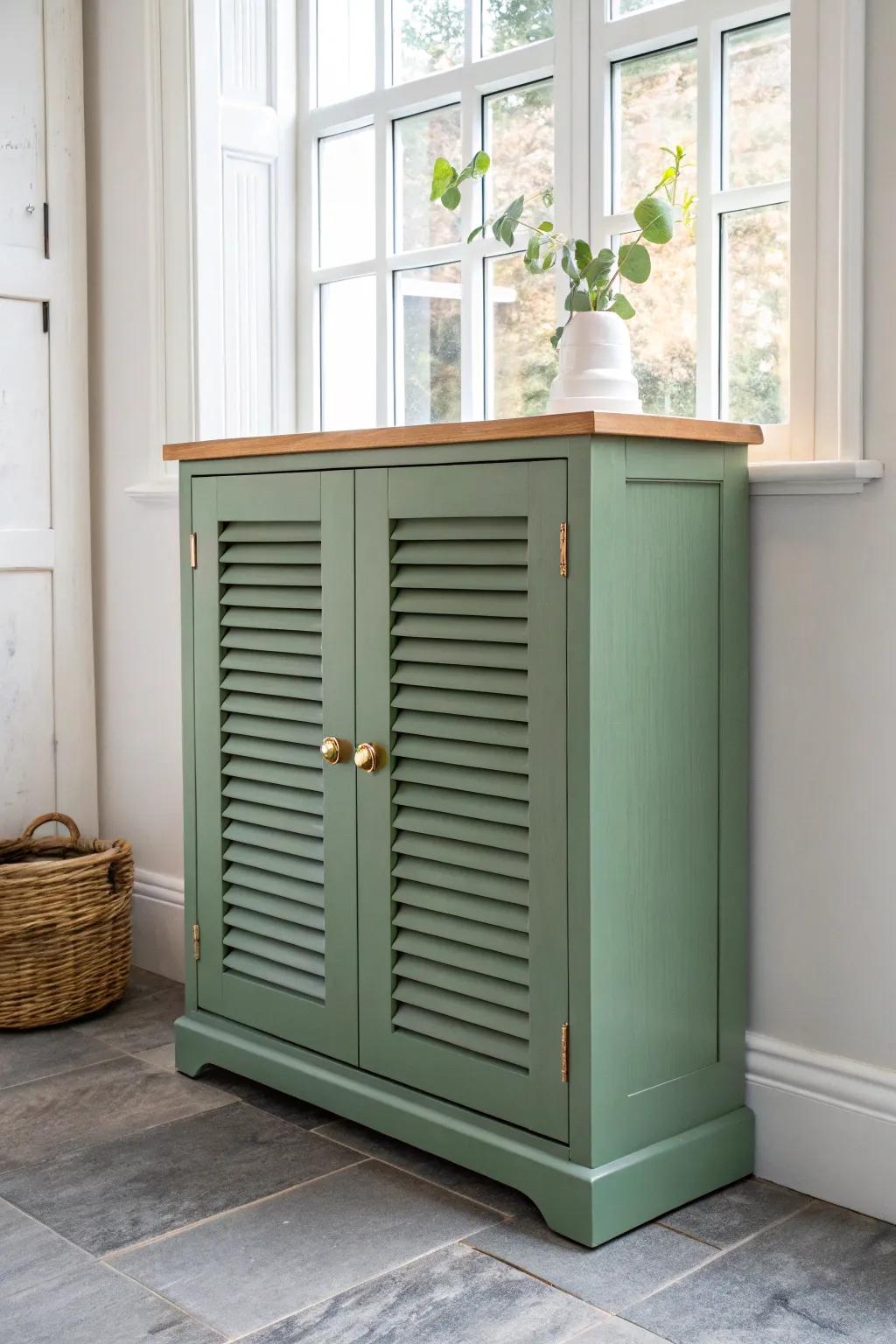 Green louvered shoe cabinet brings airy cottage charm and keeps muddy footwear fresh.