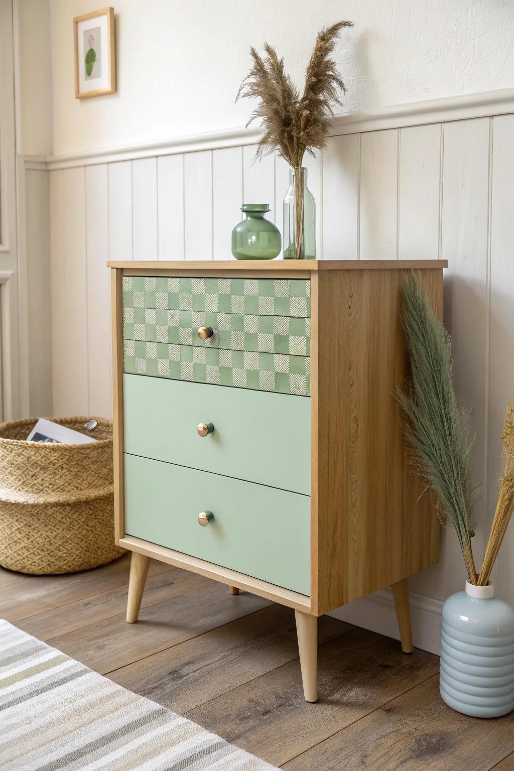 Sage-on-sage checkerboard top turns a worn dresser into a bold, durable green statement.