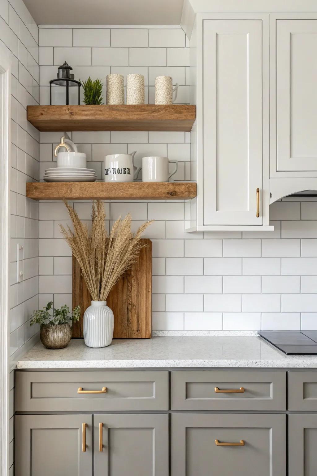 White uppers, gray base cabinets, and chunky wood shelves—minimal, warm, and timeless.